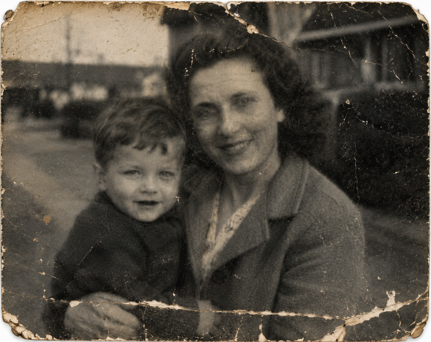 Heavily damaged old family photograph before restoration